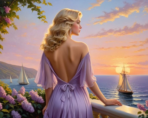 Twilight Scene of Woman in Lavender Dress by Sea