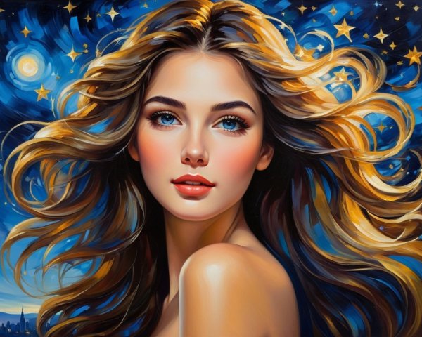 Young Woman with Golden Hair in Celestial Background