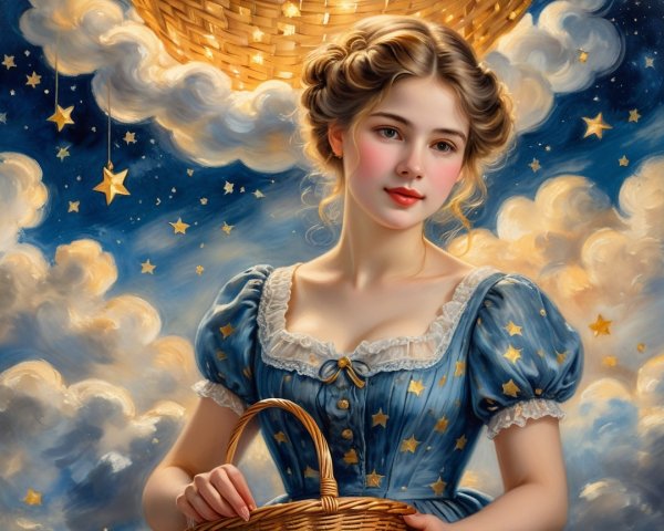 Serene Young Woman in Dreamy Starry Sky