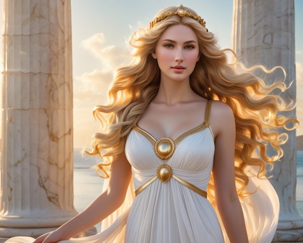 Elegant Woman in White Gown by Ancient Columns and Sea