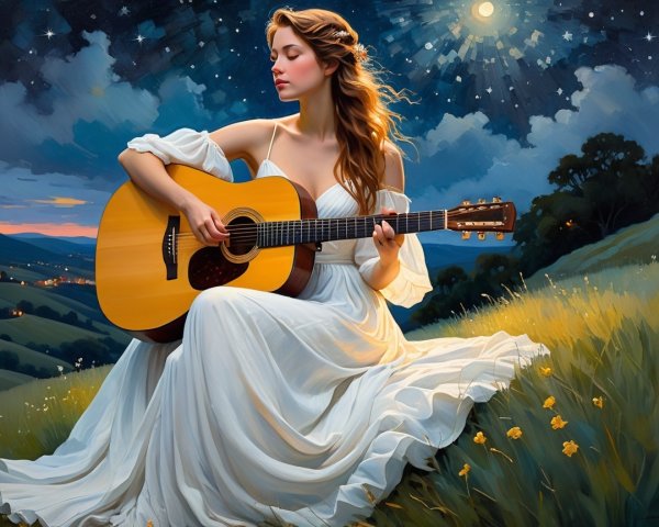 Young Woman in White Gown Playing Guitar Under Stars