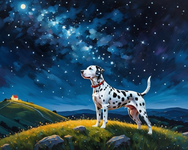 Dalmatian on a Hill Under Starry Night Sky