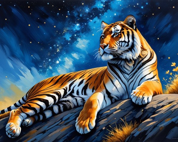 Majestic tiger on rocky outcrop under starry sky