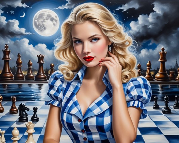 Glamorous Woman at Chessboard Under Moonlit Sky