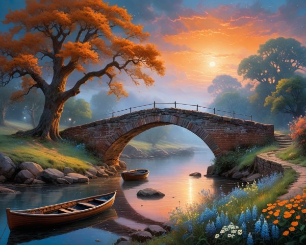 Serene Landscape with Stone Bridge and Sunset Glow