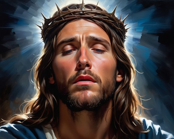Figure with Crown of Thorns in Soft Light and Blue Shades