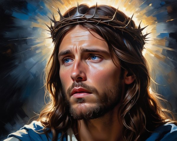 Portrait of a man with long hair and crown of thorns