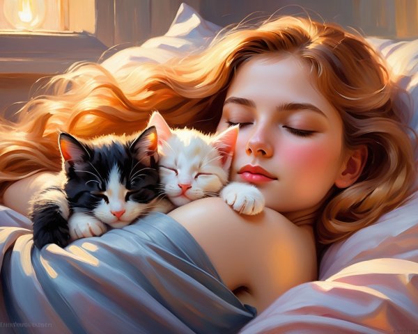 Young girl sleeping with kittens in a serene setting