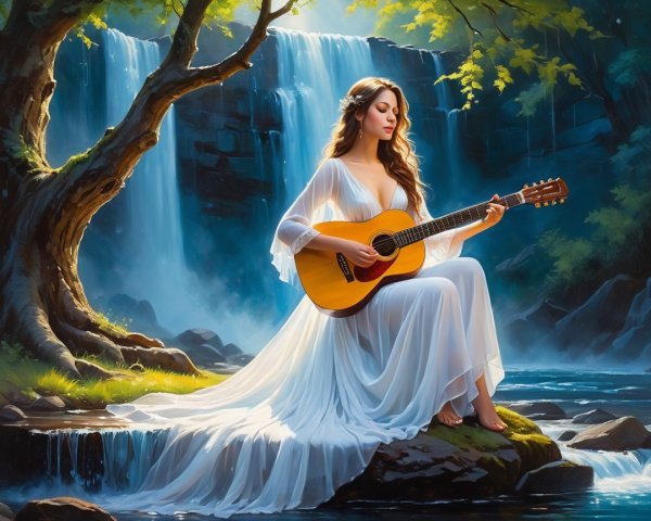 Woman in White Dress by Tranquil Waterfall Scene