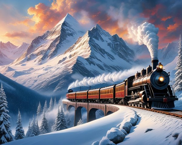 Vintage Steam Locomotive in Snowy Mountain Landscape