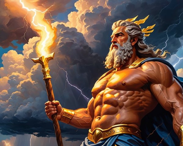 Powerful figure resembling a Greek god with lightning bolt