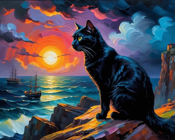 Black Cat on Cliff at Vibrant Sunset with Ships