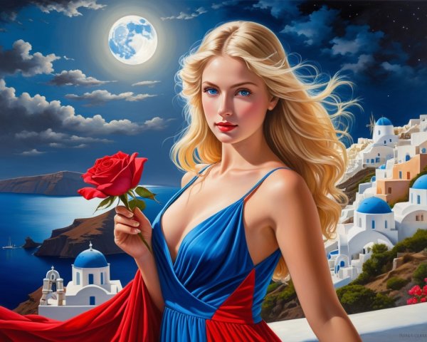 Portrait of a Woman with Santorini Cityscape Background