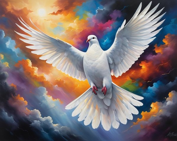 Majestic white dove soaring against vibrant clouds