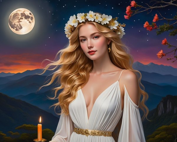 Serene Figure in Floral Crown and Moonlit Landscape