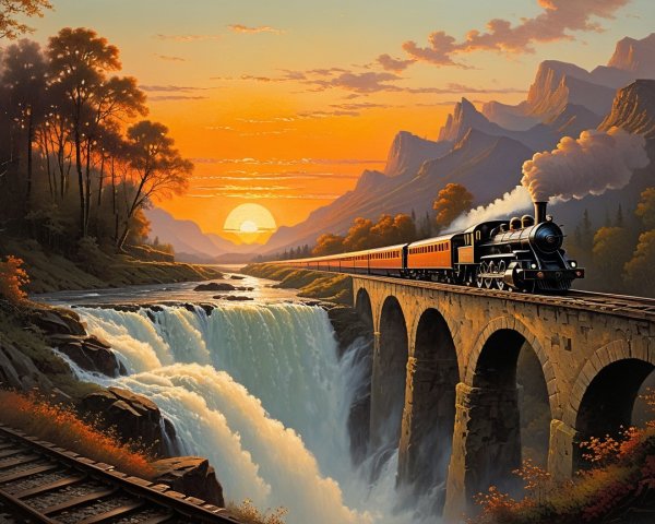 Steam Train Crossing Stone Bridge at Sunset