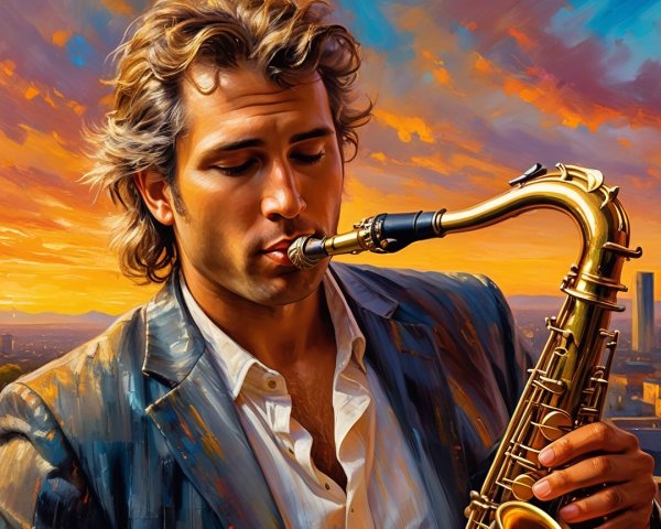 Man Playing Saxophone at Vibrant Sunset Background