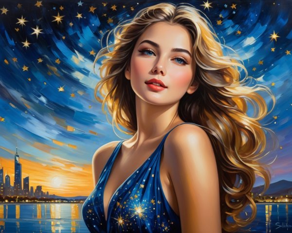 Portrait of a Woman in Blue Gown Against Twilight Sky