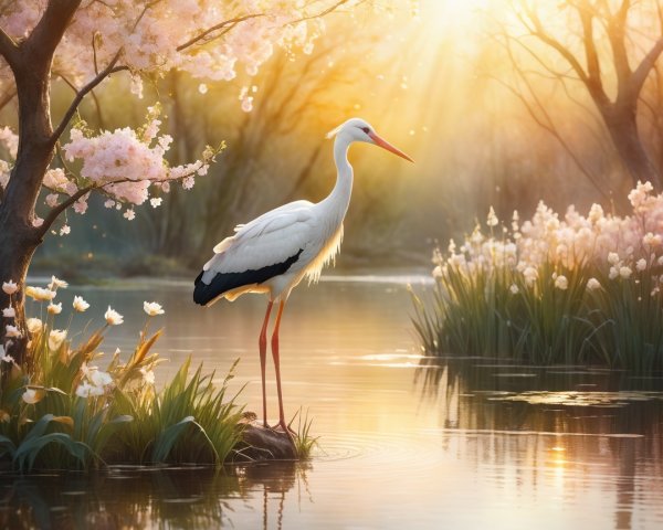 Serene Landscape with Stork and Cherry Blossoms