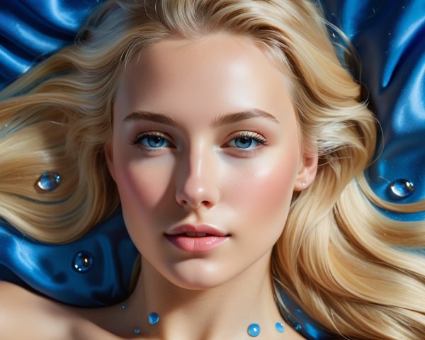 Close-up Portrait of a Young Woman with Blue Fabric