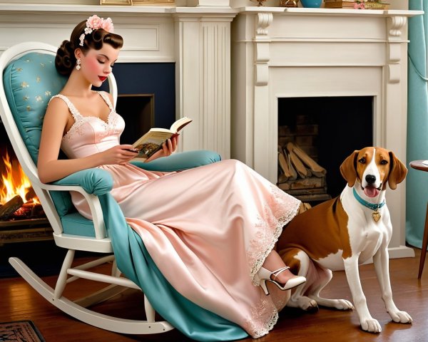 Young Woman in Pink Dress Reading by Fireplace