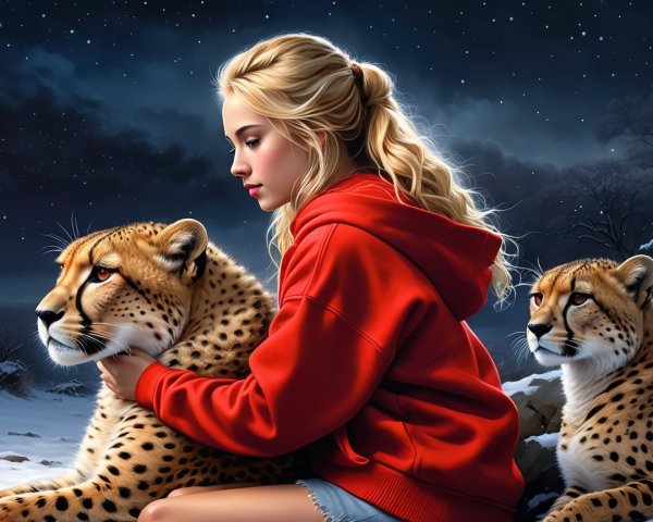 Young Woman with Cheetahs in Snowy Night Landscape