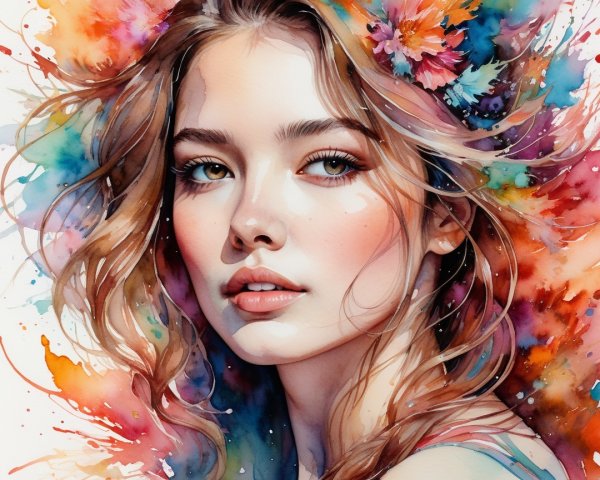 Watercolor Portrait of a Young Woman with Flowers