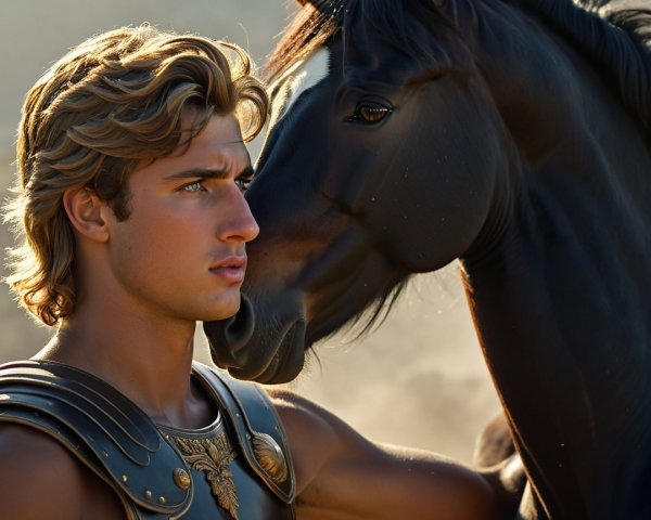 Young man in ornate armor with black horse