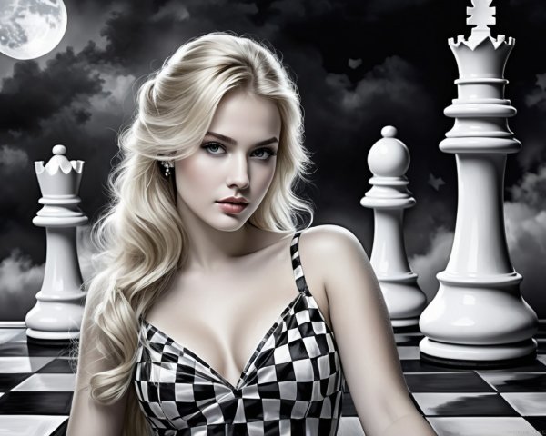 Blonde Woman in Checkered Outfit on Chessboard Scene