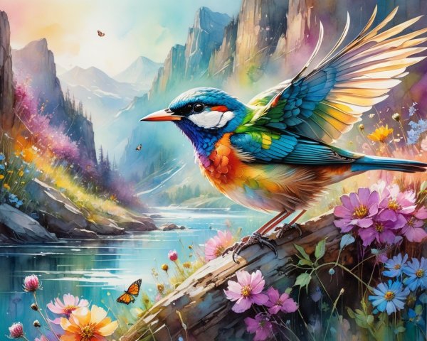 Vibrant Bird by Tranquil River with Blooming Flowers