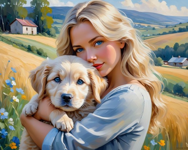 Young Woman with Golden Retriever Puppy in Countryside