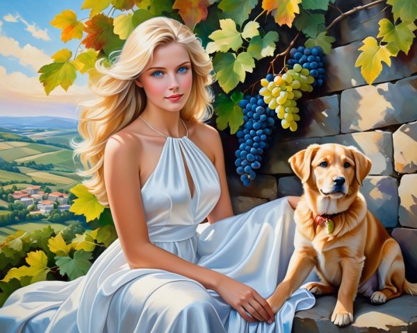 Young Woman and Golden Retriever in Countryside Scene