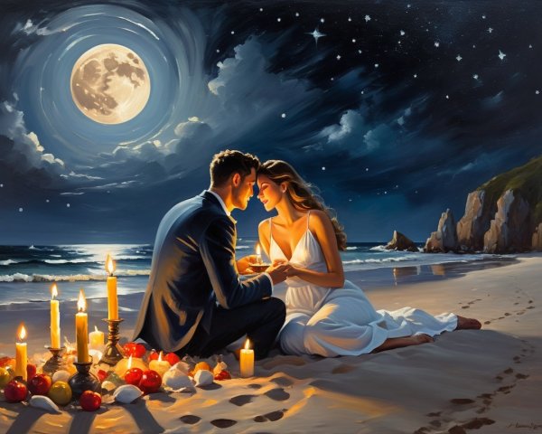 Romantic Beach Scene with Moonlight and Candles
