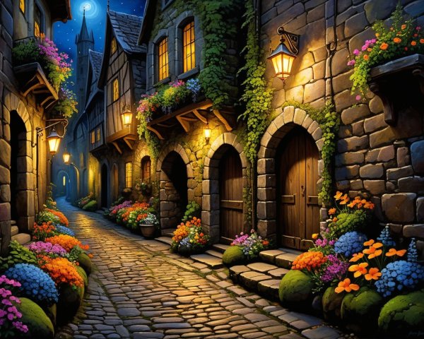 Medieval Street at Night with Lanterns and Flowers