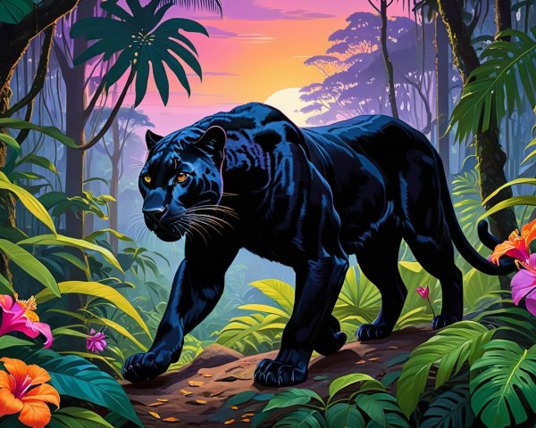 Black Panther in Lush Jungle at Sunset
