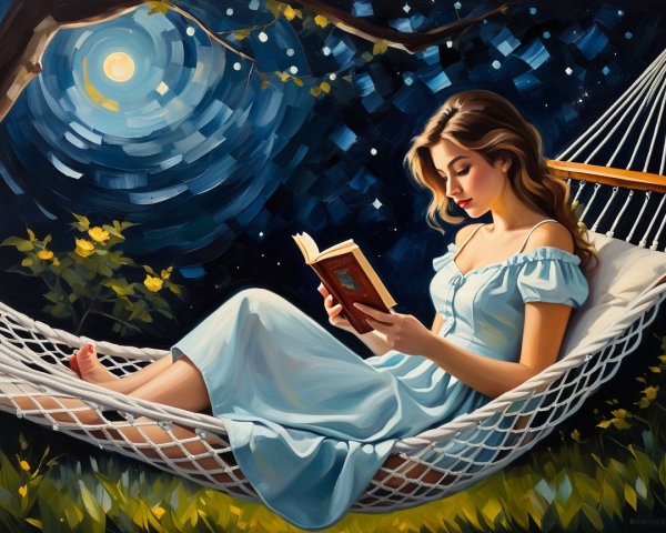 Young Woman Reading in Hammock Under Starry Sky