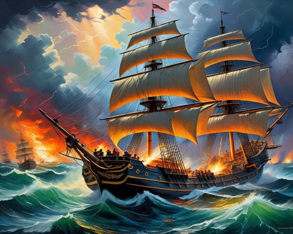 Majestic sailing ship in turbulent seas during battle
