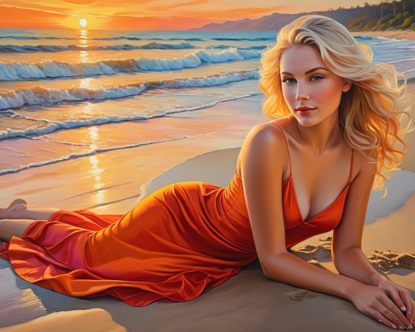 Young Woman in Orange Dress on Sunset Beach