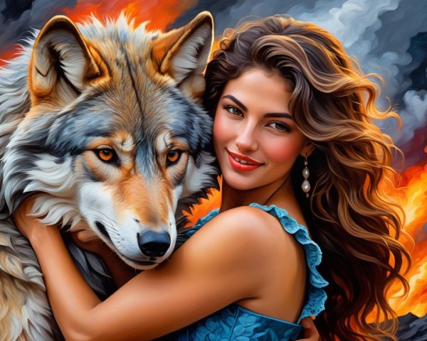 Woman in blue dress embraces wolf amid flames and clouds