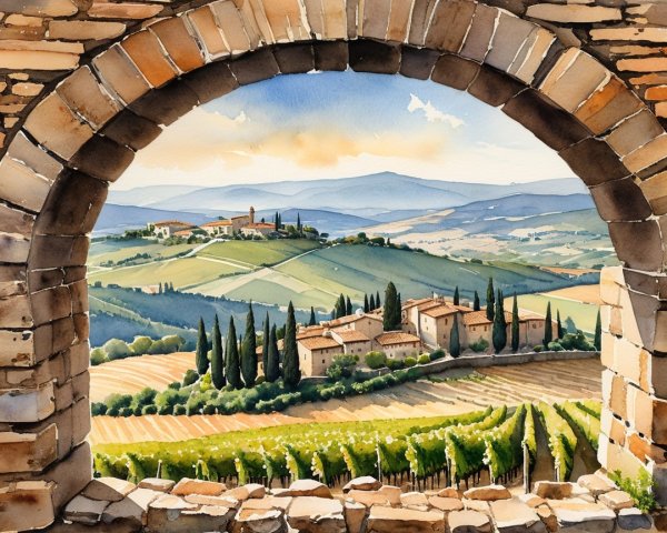 Watercolor of a Tuscan landscape through a stone arch