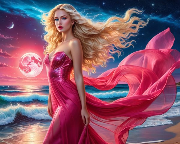 Blonde Woman in Pink Gown by Twilight Ocean Scene