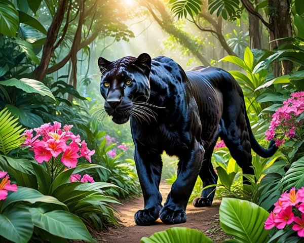 Black Panther in Lush Jungle with Colorful Flora