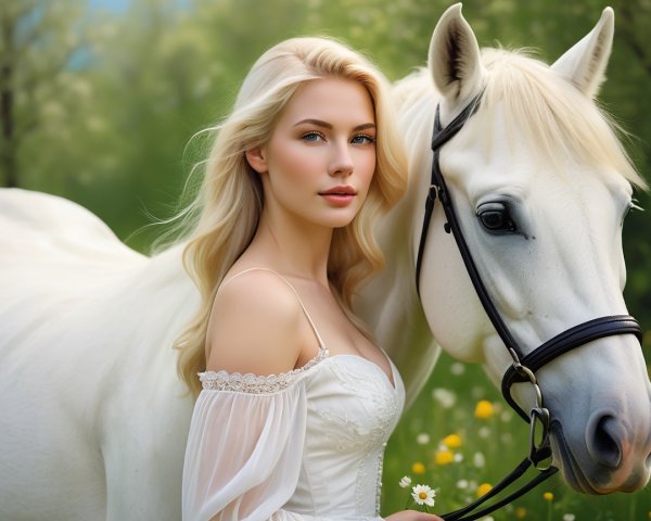 Young Woman in White Dress Beside White Horse
