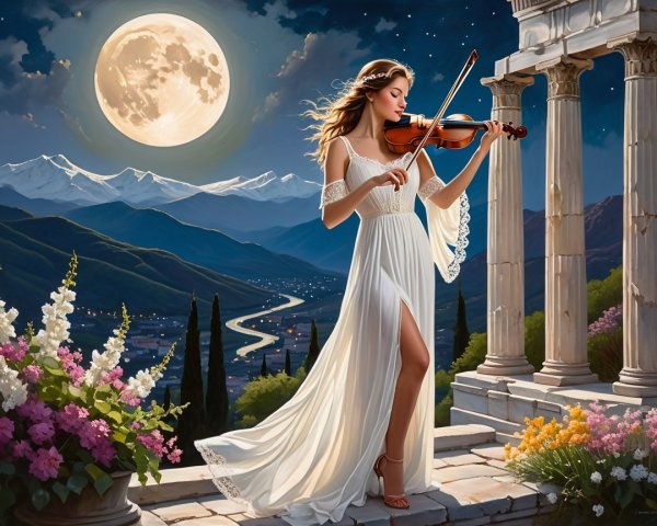 Serene Night Scene of a Woman Playing Violin