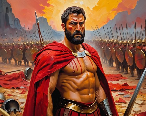 Muscular Warrior in Fiery Landscape with Soldiers