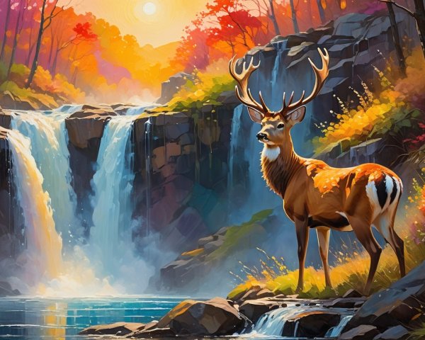 Majestic stag by shimmering waterfall in autumn landscape
