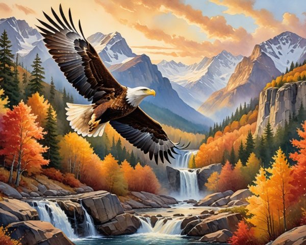 Bald Eagle Over Autumn Landscape with River and Mountains