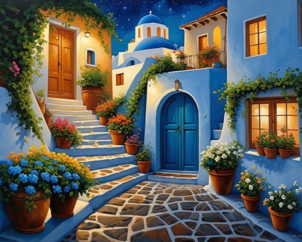 Mediterranean Street Scene with Blue and White Buildings