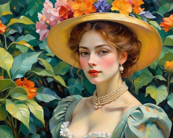 Young Woman in Floral Hat Surrounded by Nature