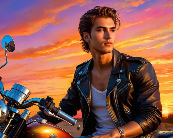 Young man on motorcycle at sunset with vibrant sky